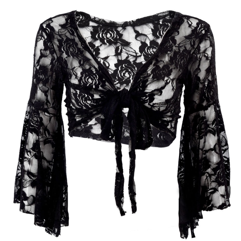 🌺 NEW BLACK SHEER LACE COVER UP HALF BELLY SHIRT - Picture 2 of 8